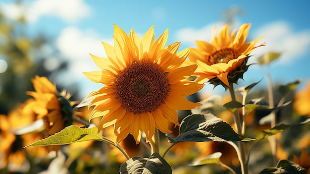 Un hermoso girasol con hojas verdes con efecto de luz solar detrás de la flor con cielo azul