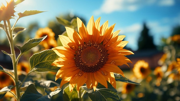 Un hermoso girasol con hojas verdes con efecto de luz solar detrás de la flor con cielo azul