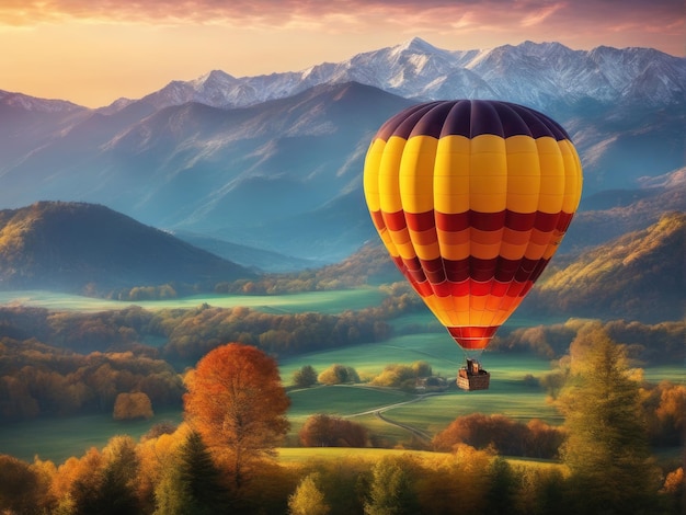 Un hermoso globo de aire caliente de colores volando sobre la montaña