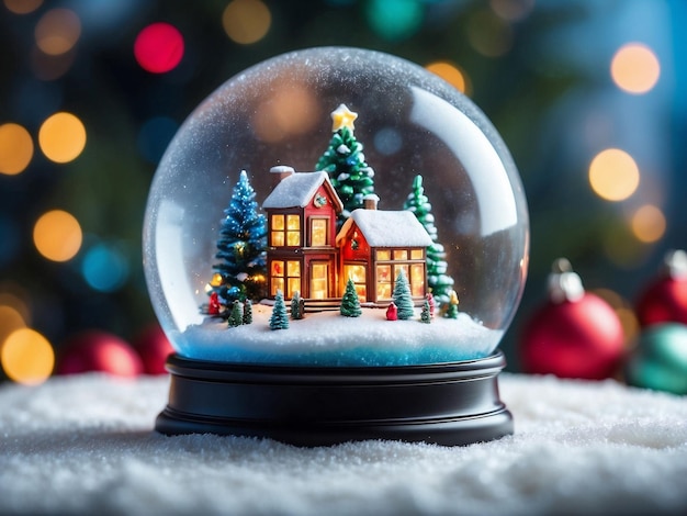 Un hermoso globo de nieve brillante con una casa de nieve de invierno y árboles de Navidad decorados