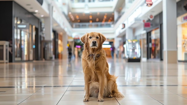 Foto un hermoso golden retriever se sienta en el medio de un gran centro comercial vacío el perro está mirando directamente a la cámara