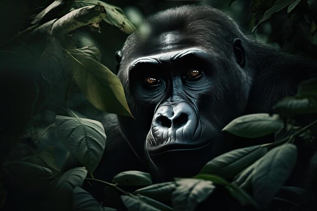 Hermoso gorila asomándose a través de las hojas en la selva tropical IA generativa