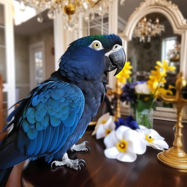 El hermoso guacamayo jacinto en lo alto de una lujosa percha