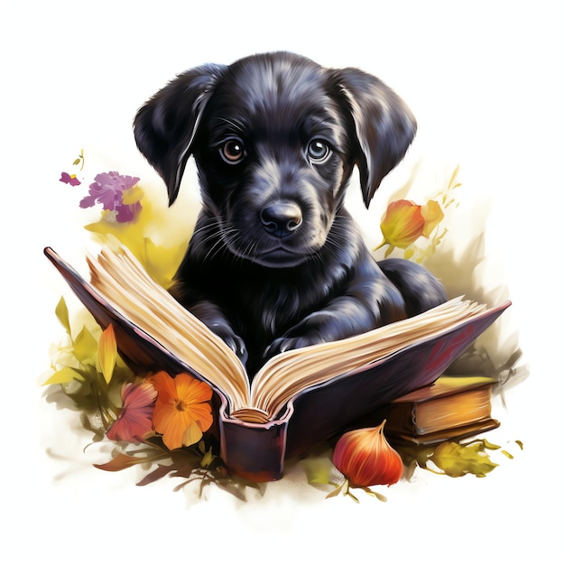 un hermoso gusano de libro de perro negro leyendo un libro de acuarela ilustración de clipart