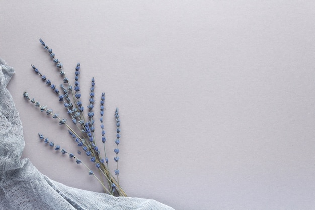 El hermoso herbario de lavanda seca sobre un fondo gris