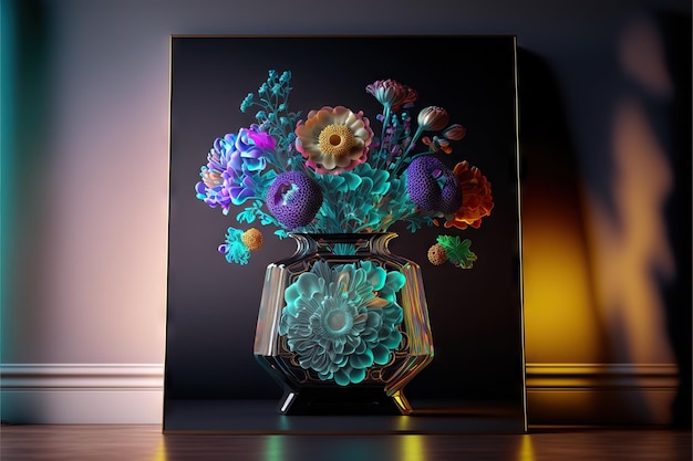 Hermoso holograma tridimensional de flores de jarrón en la mesa en una habitación moderna creado con ai generativo