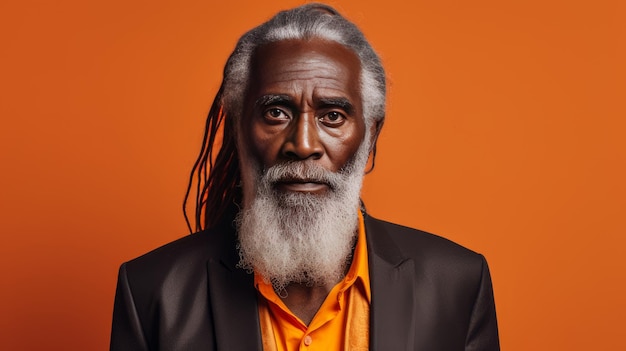 Hermoso hombre afroamericano negro de edad avanzada con cabello largo con rastas en fondo naranja