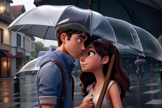 Hermoso hombre animado y chica escena romántica día de lluvia