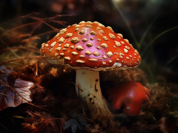 Un hermoso hongo rojo Fly agaric Amanita crece en el bosque