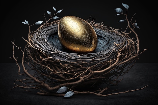 Hermoso huevo de oro brillante en un nido de pájaro en Pascua Monay Fantasía atmósfera de cuento de hadas deslumbramiento reflejo arte de alta resolución inteligencia artificial generativa
