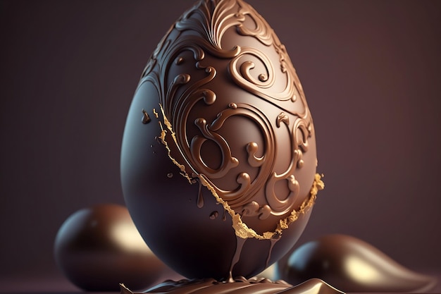 Hermoso huevo de Pascua de chocolate con adorno decorativo Happy Easter Generative AI