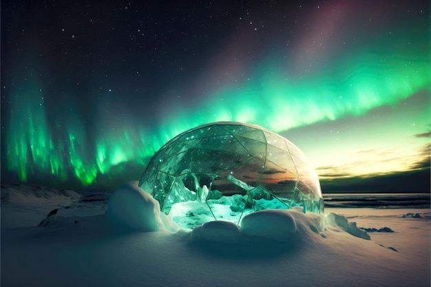 Hermoso iglú de nieve con paredes de vidrio que reflejan la aurora boreal