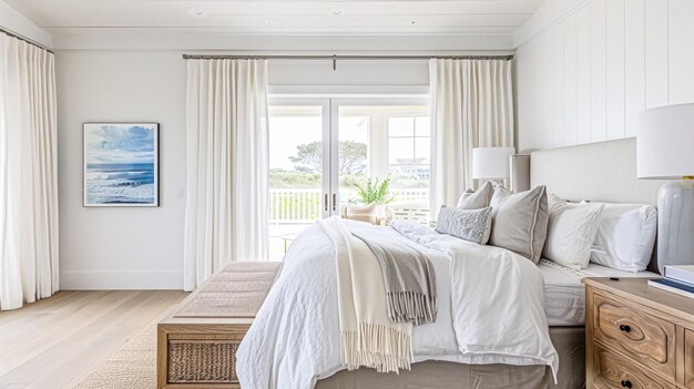 Hermoso interior de dormitorio de lujo con ventana con vista al mar concepto de cabaña costera