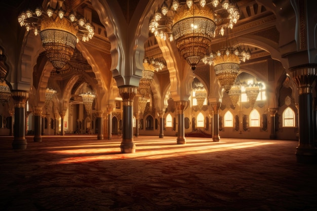 hermoso interior de una mezquita con la luz del sol viniendo