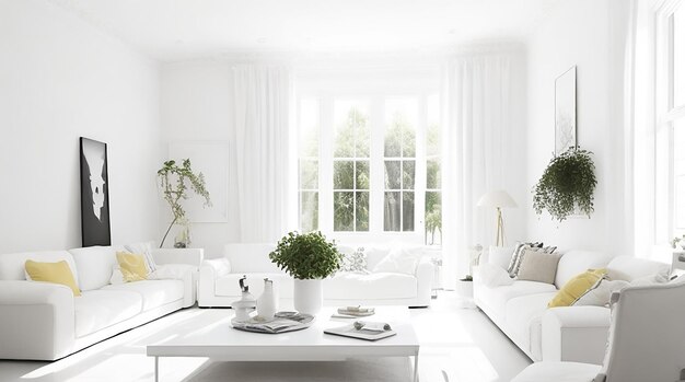 Foto hermoso interior de sala de estar blanca muebles de lujo blancos con paredes blancas