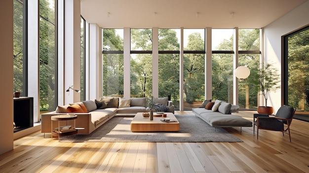 Hermoso interior de la sala de estar en una nueva casa de lujo con luz solar IA generativa