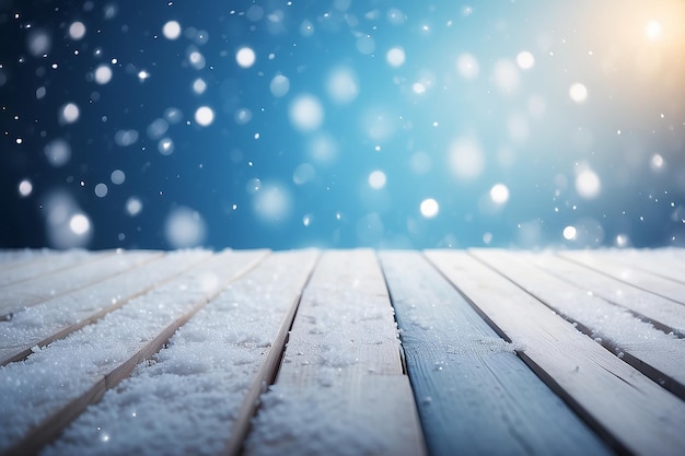 hermoso invierno nevado borroso desfocado fondo azul y suelo de madera vacío copos de nieve caen y brillan en el espacio de copia ligera