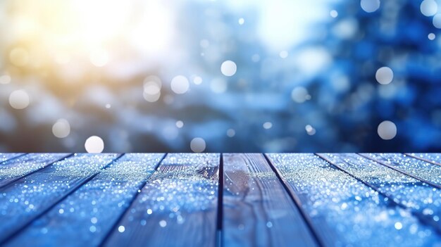 hermoso invierno nevado borroso desfocado fondo azul y suelo de madera vacío IA generativa