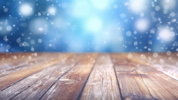 Foto hermoso invierno nevado fondo azul desenfocado borroso y suelo de madera vacío