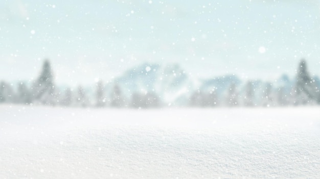 Foto hermoso invierno con nieve en un campo con bosque y montañas fondo bokeh tarjeta de invierno y espacio libre para el diseño