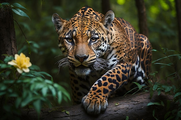 Un hermoso jaguar americano en peligro de extinción en su hábitat natural.