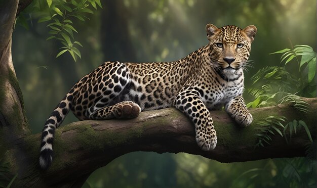 Un hermoso jaguar tendido en una rama de árbol