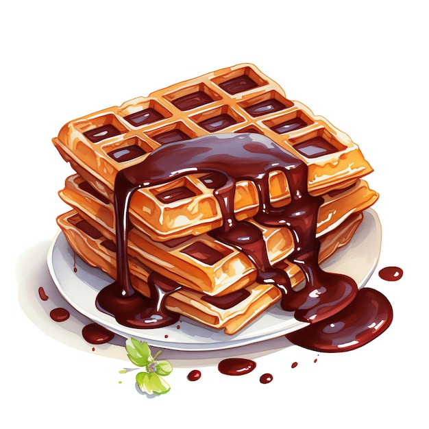 hermoso jarabe de chocolate rociando sobre waffles ilustración de imágenes prediseñadas de acuarela