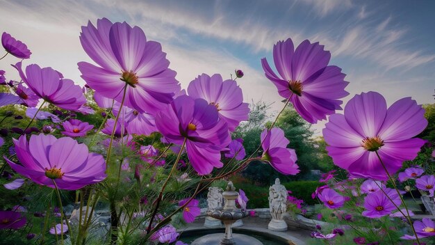 El hermoso jardín de flores púrpuras del cosmos