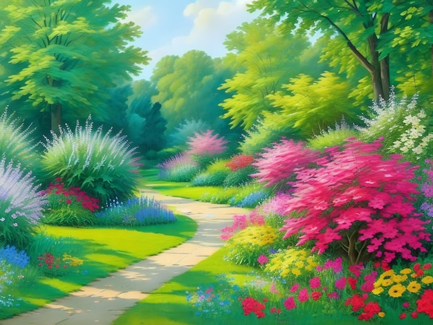 Hermoso jardín florido Diseño paisajístico Pintura al óleo en un estilo realista
