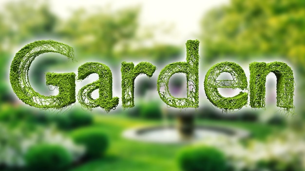 Hermoso jardín fondo letras 3d renderizado