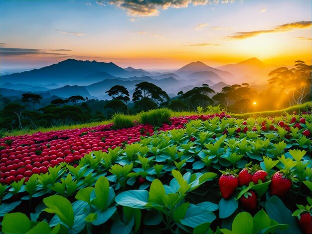 Hermoso jardín de fresas y amanecer en doi ang khang chiang mai tailandia