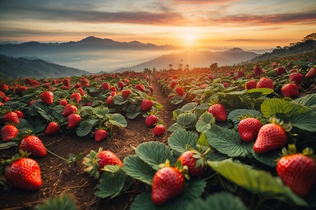 Hermoso jardín de fresas y amanecer en doi ang khang chiang mai tailandia