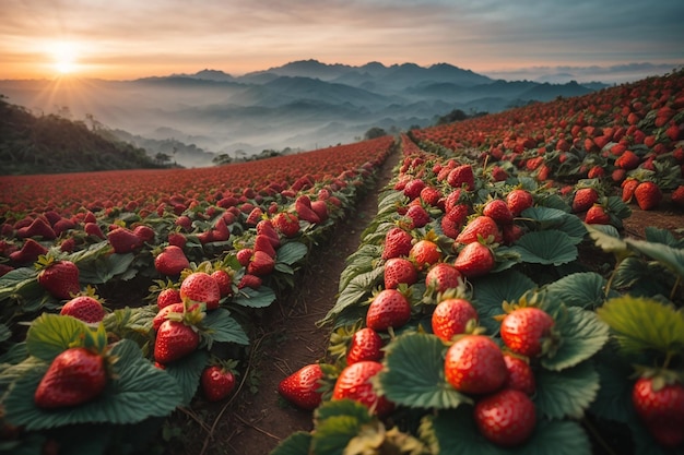 Hermoso jardín de fresas y amanecer en doi ang khang chiang mai tailandia