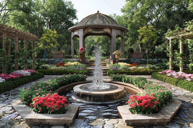 Un hermoso jardín con una fuente y un mirador