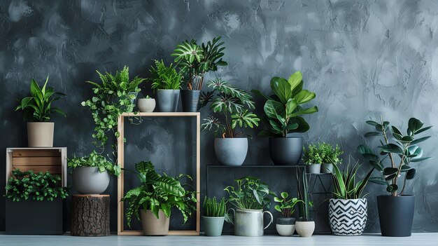 Foto un hermoso jardín interior con una variedad de plantas verdes exuberantes en ollas y plantadoras