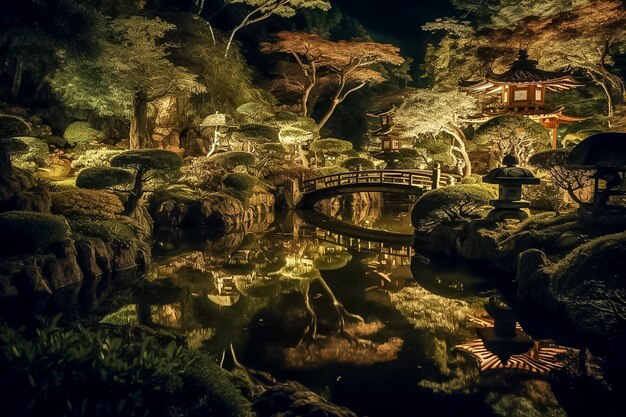 Hermoso jardín japonés en la noche Ai generó