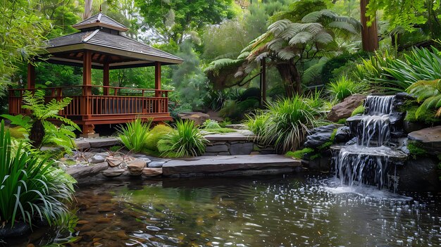 Un hermoso jardín japonés con una pagoda tradicional un estanque con una cascada y exuberante vegetación