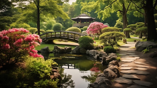 hermoso jardín japonés tiempo de verano