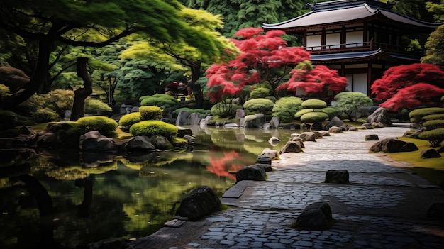 hermoso jardín japonés tiempo de verano