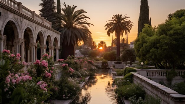 Foto un hermoso jardín con una larga piscina y palmeras al atardecer