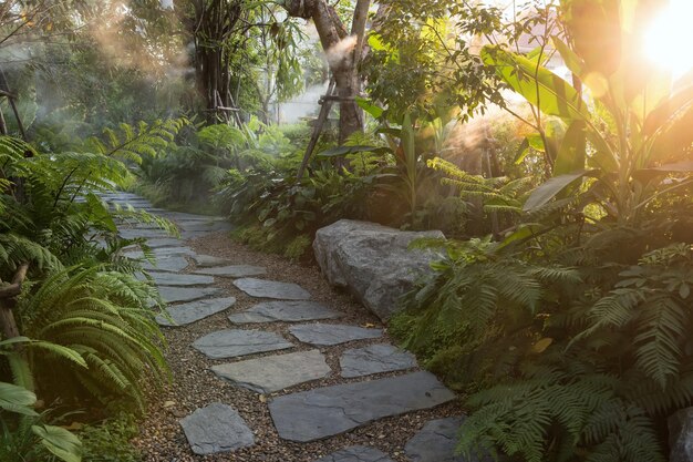 Hermoso jardín o parque de vegetación con una densa niebla artificial con luz al atardecer