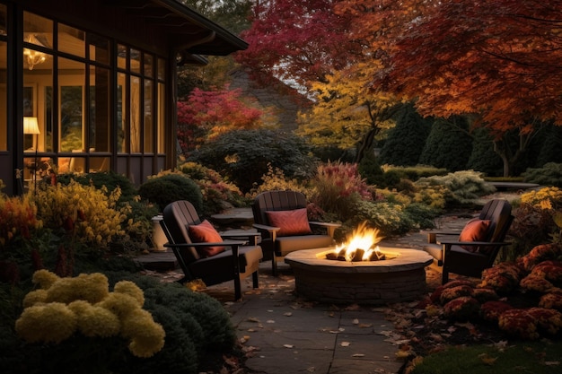 Hermoso jardín de otoño patio trasero residencial con sillas al aire libre y fogata con llama otoño acogedor