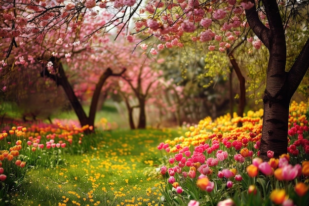 Foto hermoso jardín de primavera con flores