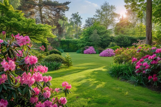 Foto un hermoso jardín con rododendros rosados