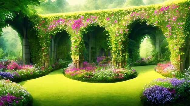 Un hermoso jardín secreto de cuentos de hadas con arcos de flores y vegetación colorida Generative Ai