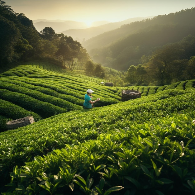 El hermoso jardín de té con una bonita puesta de sol y el verde del árbol de té