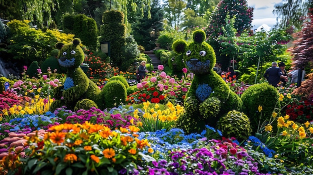 Foto un hermoso jardín con una variedad de flores y topiarios los topiarios tienen la forma de animales incluyendo osos conejos y ciervos