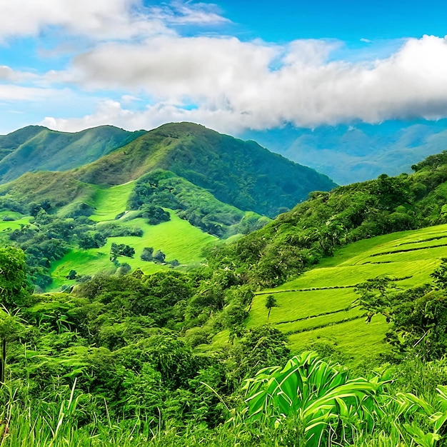 Hermoso jardín verde con jardín de té y montaña.