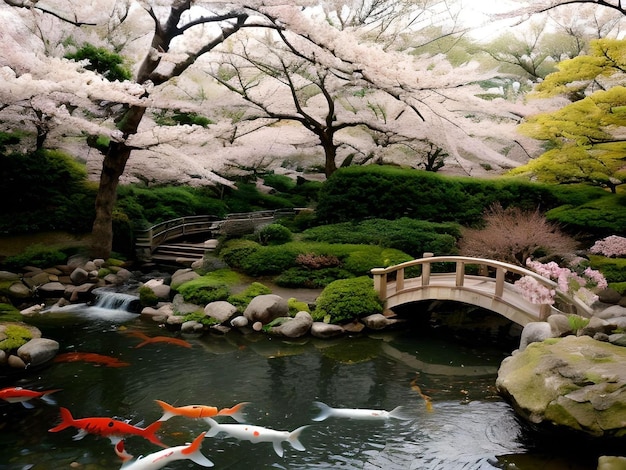 Hermoso jardín zen japonés con koi en el estanque y puente de madera con cerezos en flor