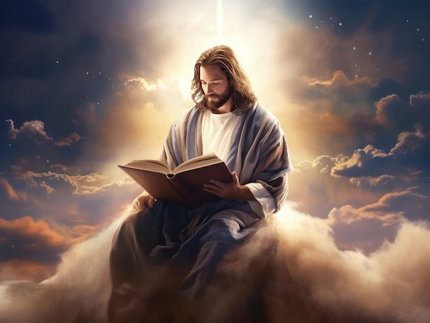 El hermoso Jesucristo leyendo la Santa Biblia en el cielo